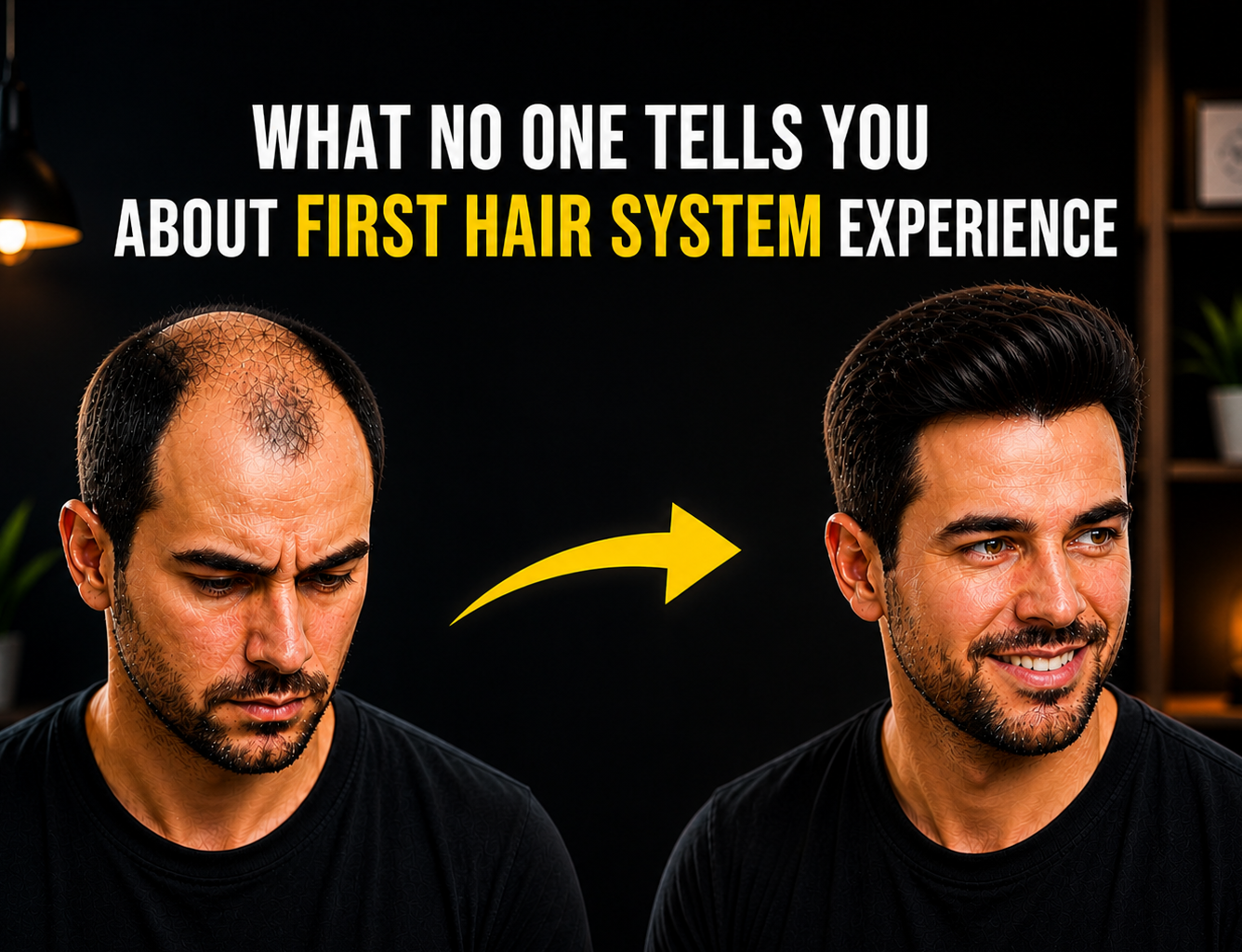 First-time hair system transformation showing natural-looking non-surgical hair replacement with seamless blending, realistic hairline, and renewed confidence.