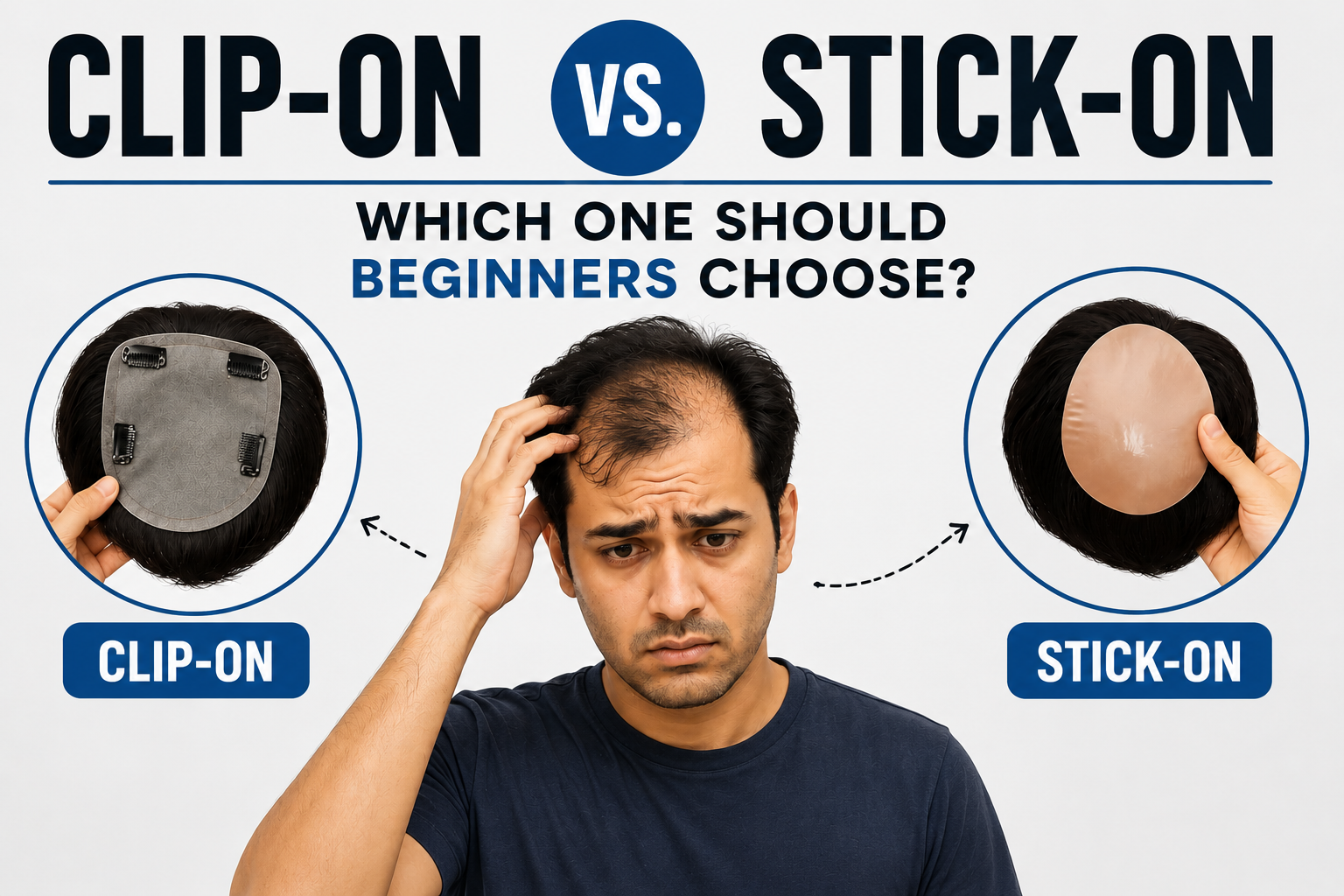 Confused young man experiencing hair loss comparing clip-on and stick-on hair systems, with both hairpiece types displayed side by side and the text 'Clip-On vs Stick-On: Which One Should Beginners Choose?