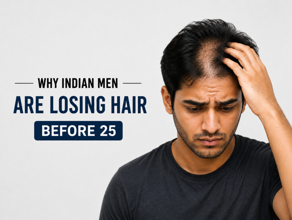 Young Indian man experiencing hair loss before age 25, showing thinning hair and receding hairline while looking concerned about premature baldness.
