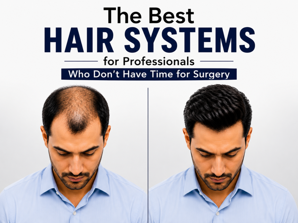 Before-and-after comparison of a professional man showing hair loss and a natural-looking hair system, with the title "The Best Hair Systems for Professionals Who Don't Have Time for Surgery."