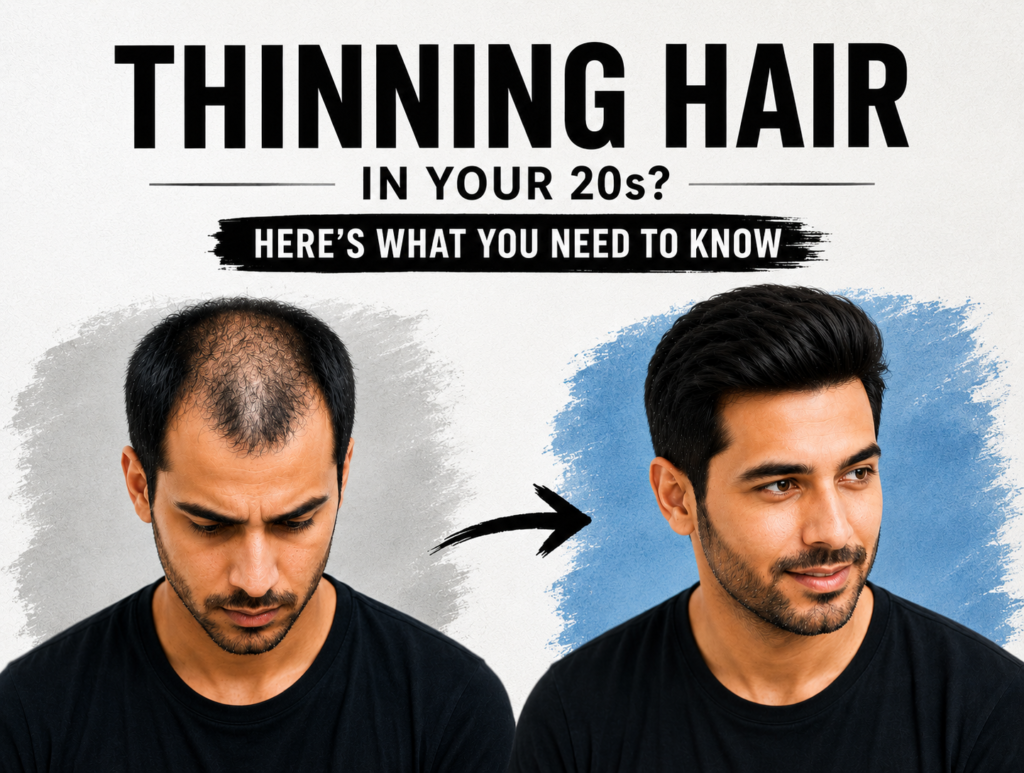 Young man in his 20s checking his thinning hairline in a mirror, highlighting early signs of hair loss and modern non-surgical hair replacement solutions.