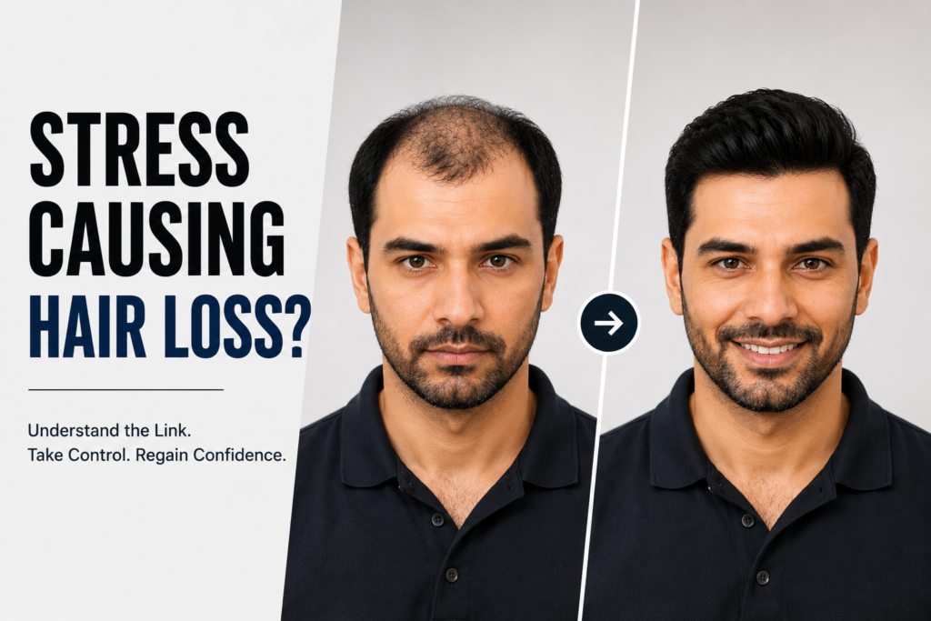 Before and after comparison showing a professional man experiencing stress-related hair loss and a fuller, natural-looking hairstyle after using a hair system.
