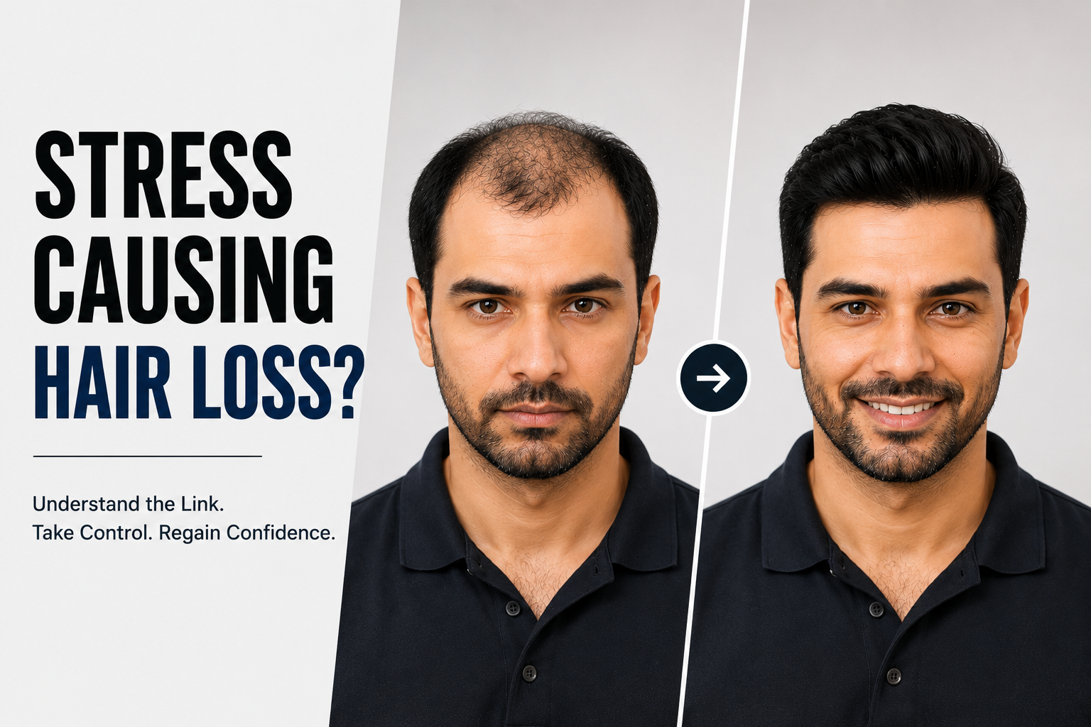 Before and after comparison showing a professional man experiencing stress-related hair loss and a fuller, natural-looking hairstyle after using a hair system.