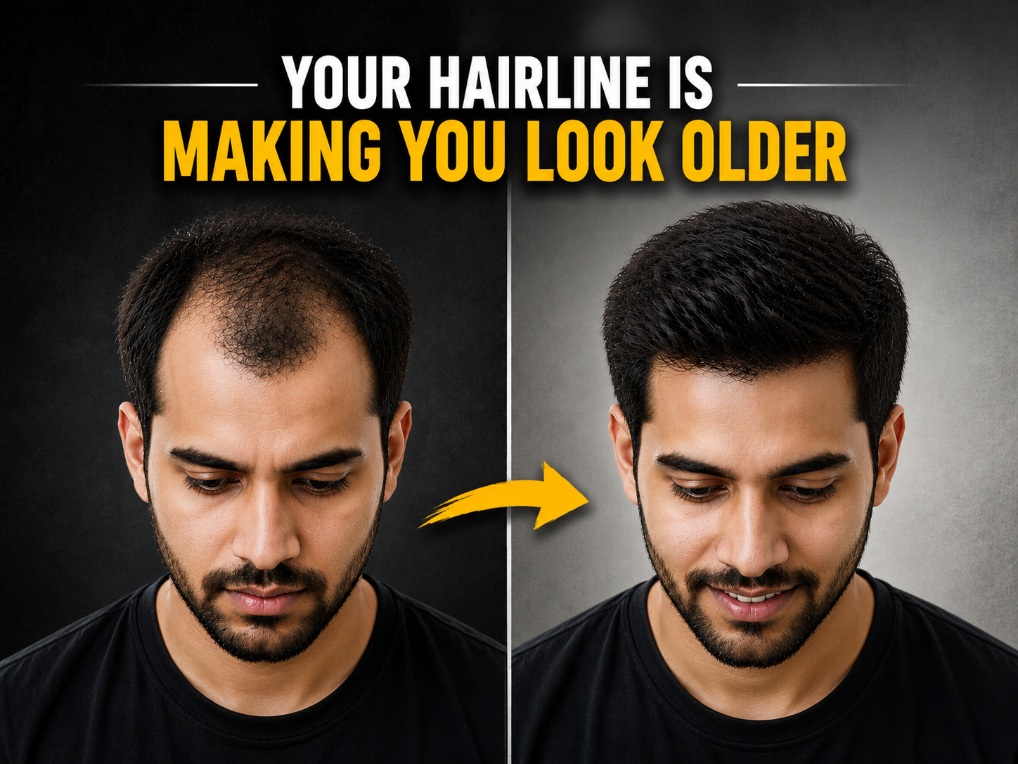 Man with a natural-looking front hair line after non surgical hair replacement using a customized hair system for men.