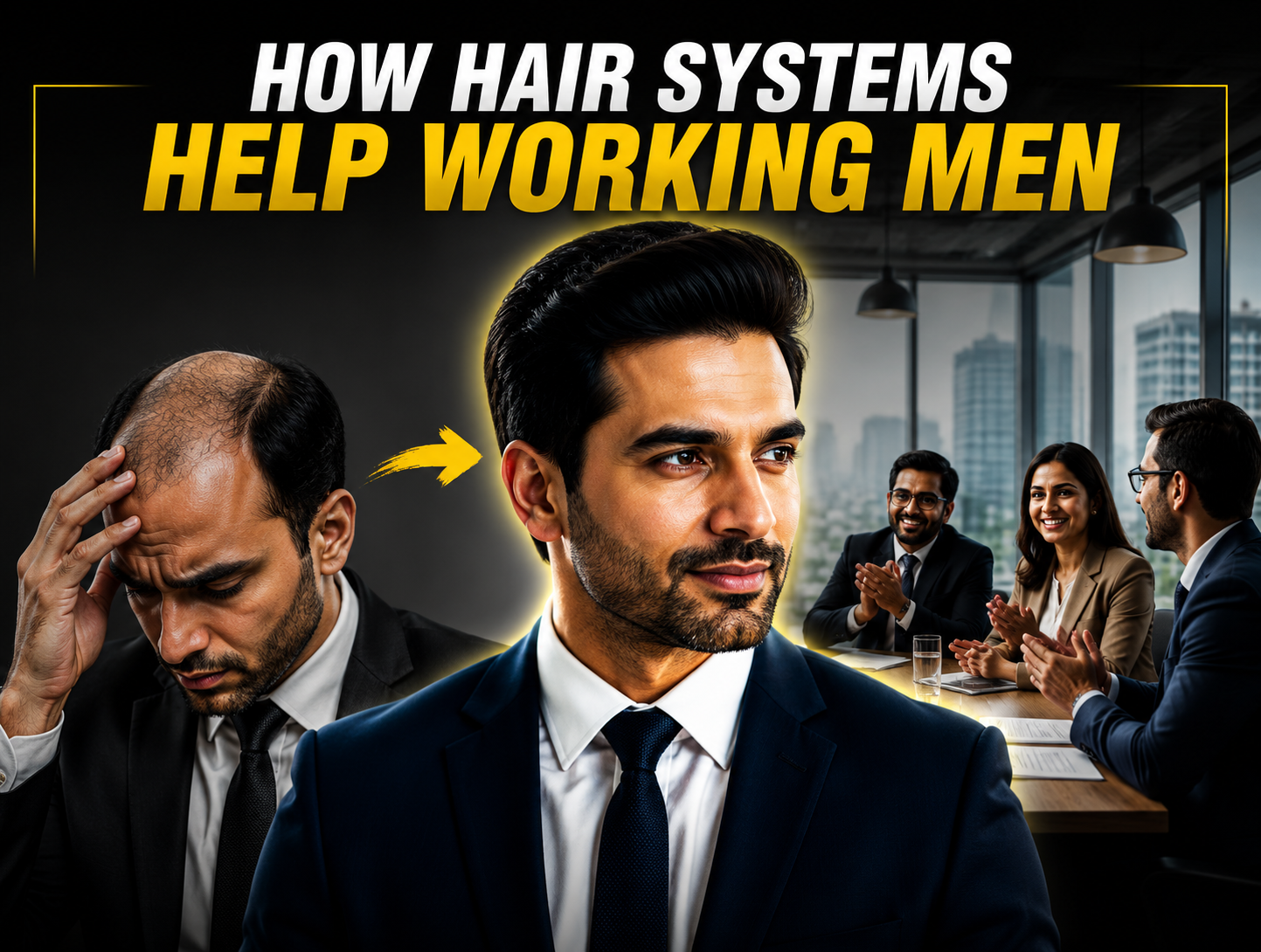 A before and after comparison showing how hair systems help working men feel more confident, featuring a balding professional feeling stressed and a confident businessman with natural-looking hair in a corporate meeting environment.