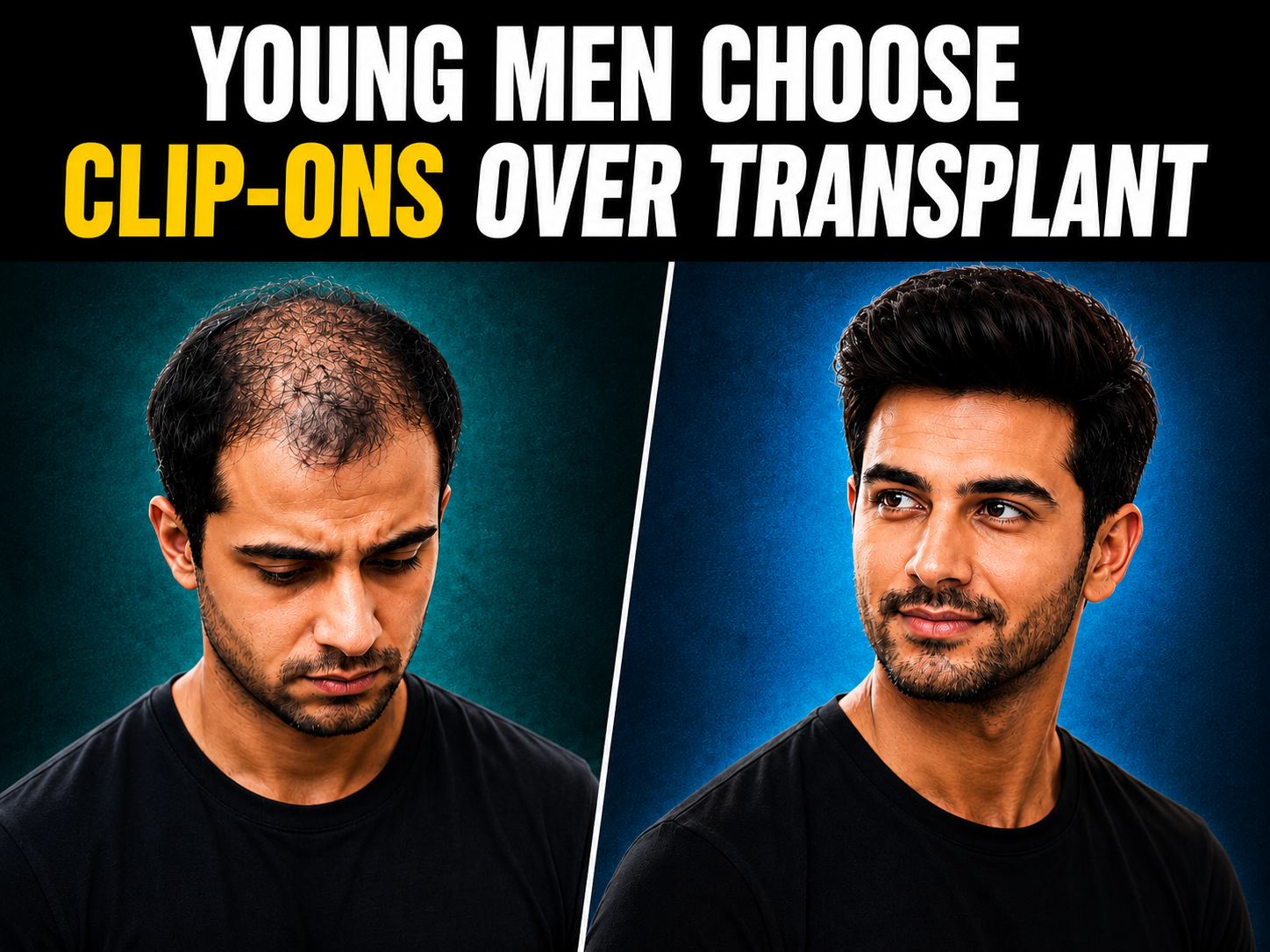 Young man with hair loss on one side and a confident look after using a clip-on hair system, showing why young men choose clip-ons over hair transplants.