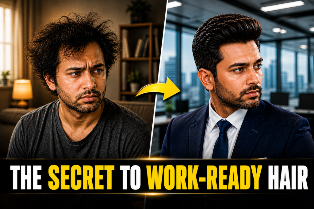Before-and-after corporate man showing messy, frizzy hair at home transformed into perfectly styled, work-ready hair in an office setting, with the text “THE SECRET TO WORK-READY HAIR.”