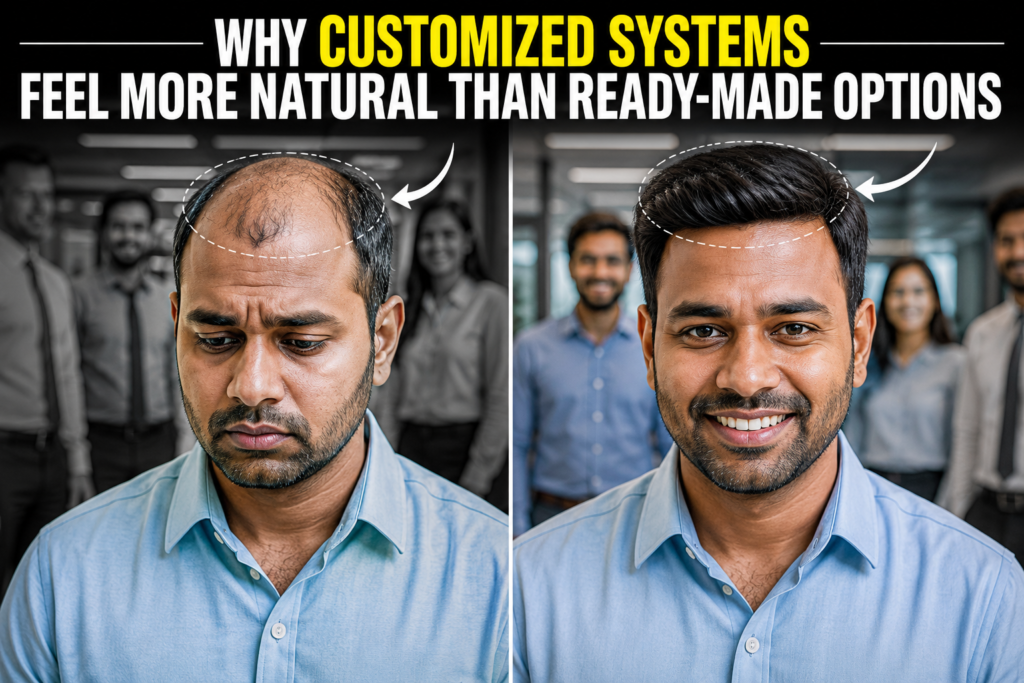 Before-and-after comparison of a man with significant hair thinning and the same man wearing a customized hair system with a fuller, natural-looking hairstyle.