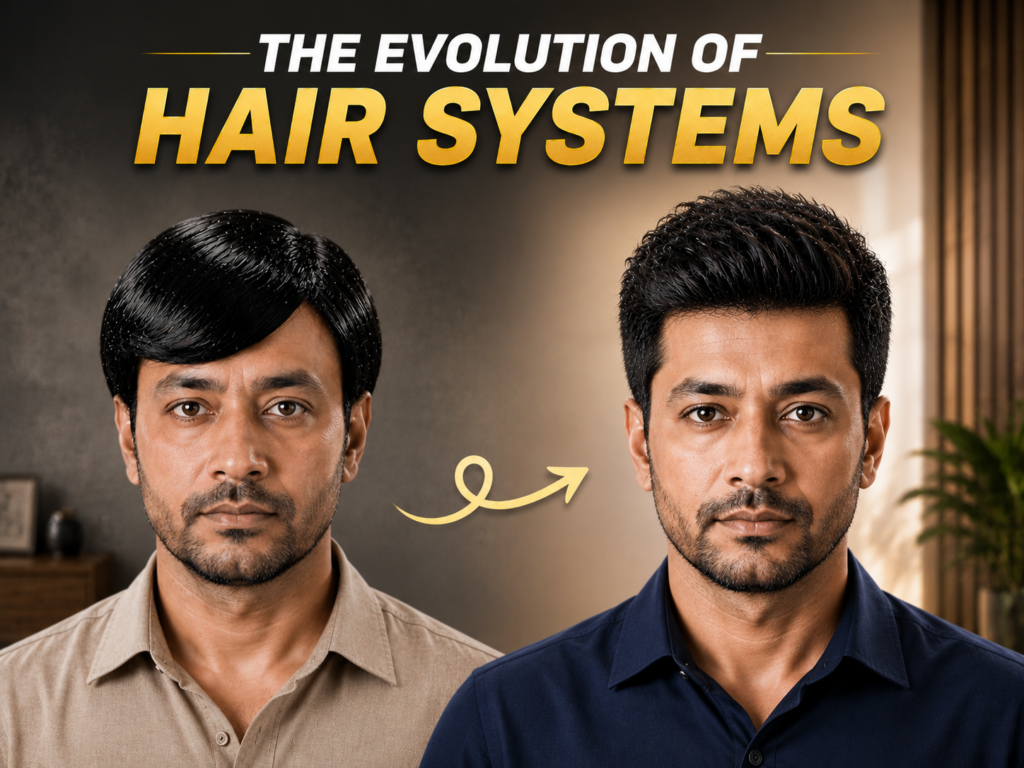 "Comparison of an old-style wig and a modern hair system, highlighting the evolution of hair systems from obvious hairpieces to natural-looking non surgical hair replacement."