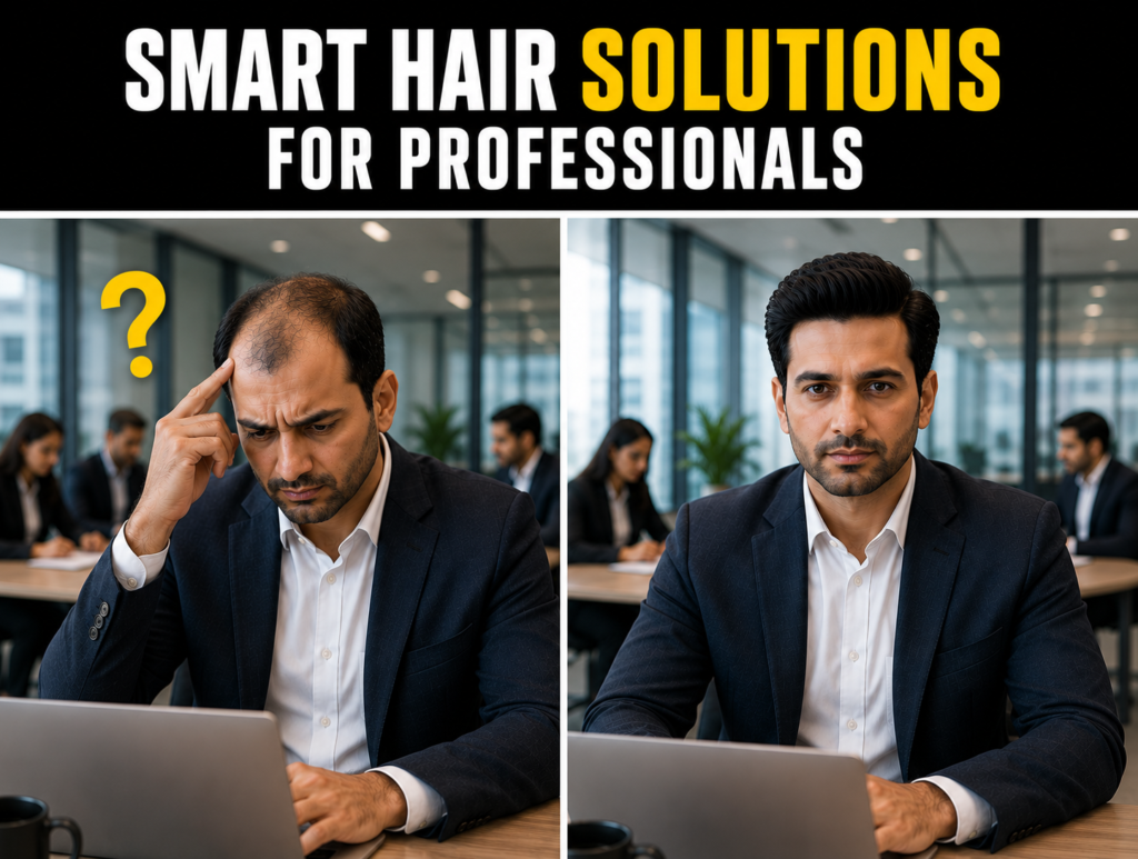 Smart hair solutions for professionals, showing a before-and-after office transformation with a concerned professional experiencing hair thinning and a confident professional with fuller, natural-looking hair.