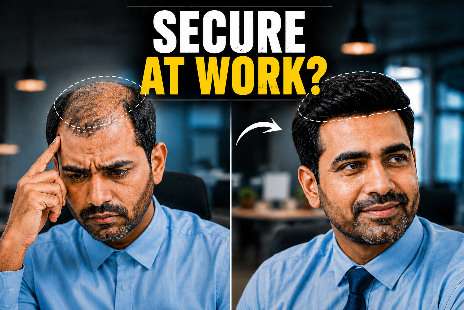 Man with thinning hair at work transformed with a natural-looking non-surgical hair system for a fuller, secure hairstyle.