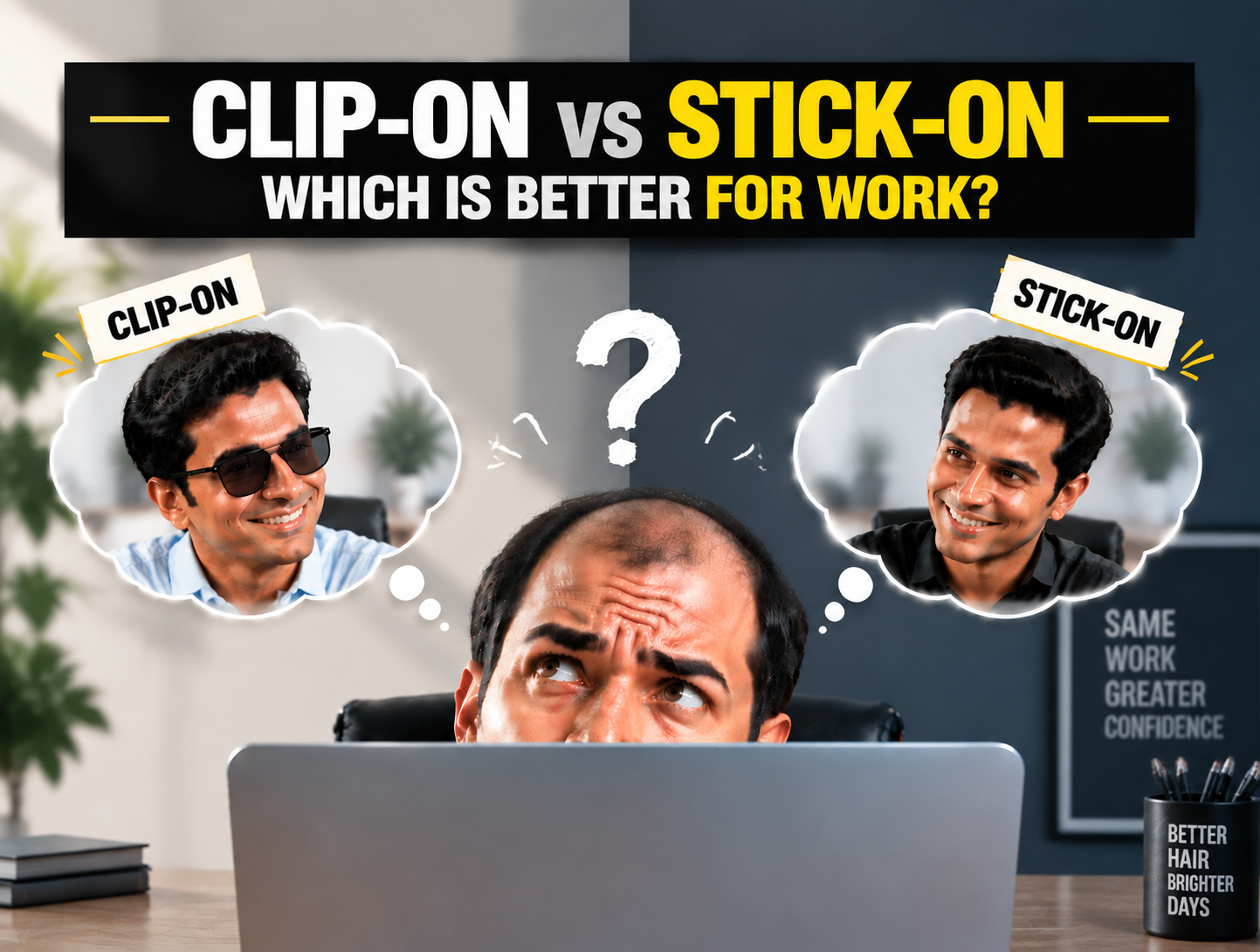 Clip-On vs Stick-On hair system comparison for busy professionals, showing a confused man with thinning hair deciding between clip-on and stick-on options for long work hours, with two confident hairstyles displayed in thought bubbles. A modern office background highlights the choice between flexible and long-wear hair solutions