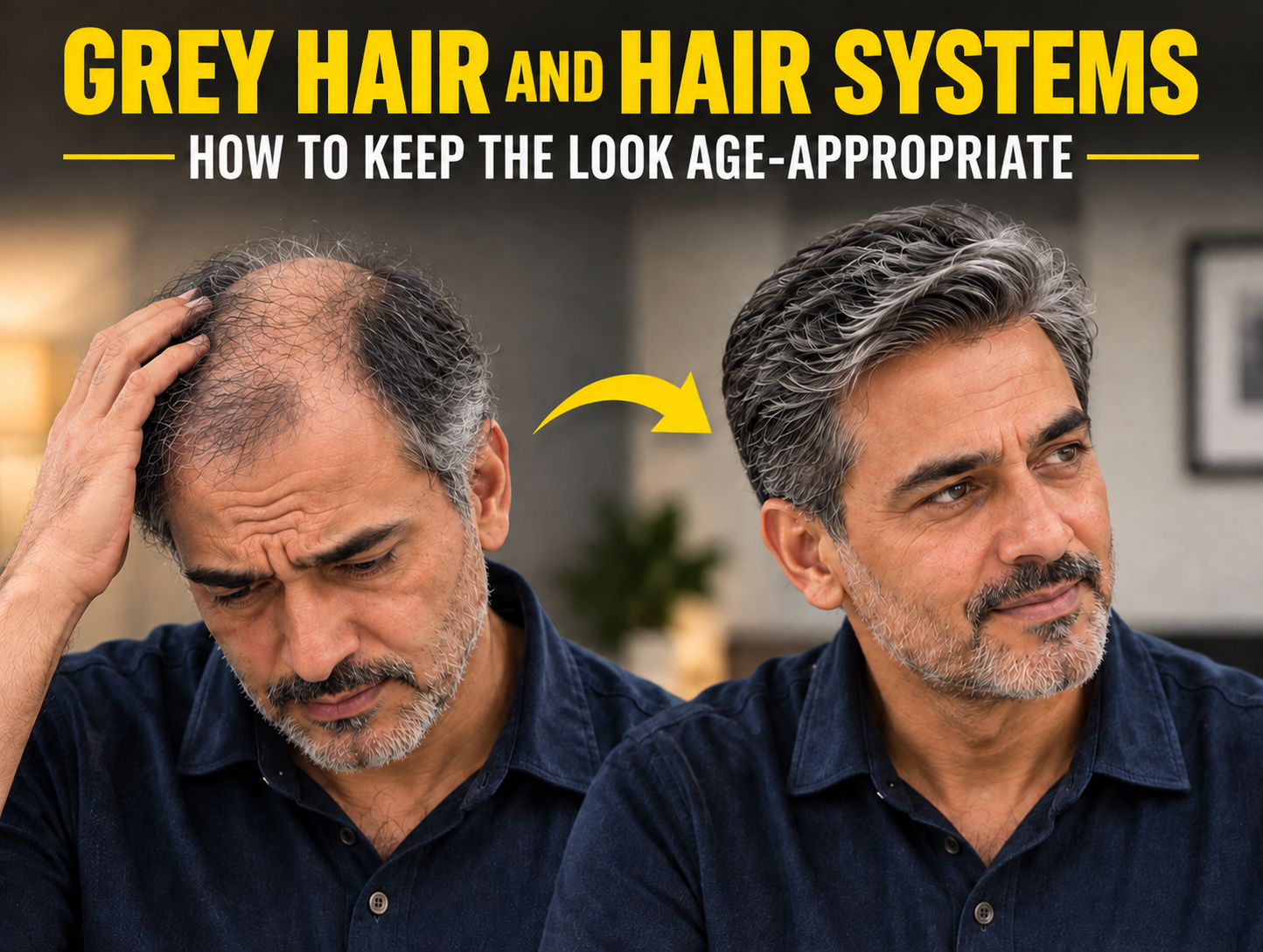 Before-and-after image of a middle-aged man with thinning grey hair on the left and a fuller, styled salt-and-pepper hair system on the right, with a yellow arrow between the two looks.