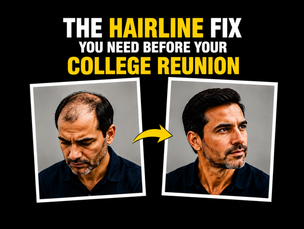 Before-and-after hair transformation showing thinning hair changed to a fuller, styled look.