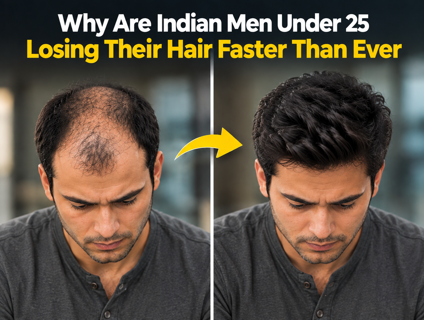 Split-screen before-and-after image of a young Indian man experiencing significant hair loss, with visible thinning at the crown and front hairline on the left, and a fuller, natural-looking hairstyle with increased hair density on the right. Bold text at the top reads, “Why Are Indian Men Under 25 Losing Their Hair Faster Than Ever?” with a yellow arrow pointing from the thinning-hair image to the fuller-hair result.