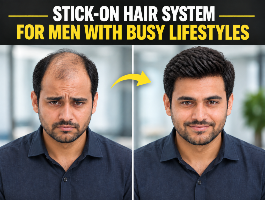 Split-screen image of a man with thinning hair on the left looking concerned and the same man with a fuller stick-on hair system on the right looking happy, with a yellow arrow showing the transformation. Text reads “STICK-ON HAIR SYSTEM FOR MEN WITH BUSY LIFESTYLES.”